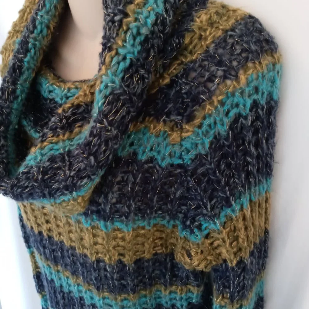 Gorgeous Cowl Neck Open Knit Chunky Sweater Turquoise Blue & Green W Gold Flecks - Picture 5 of 12